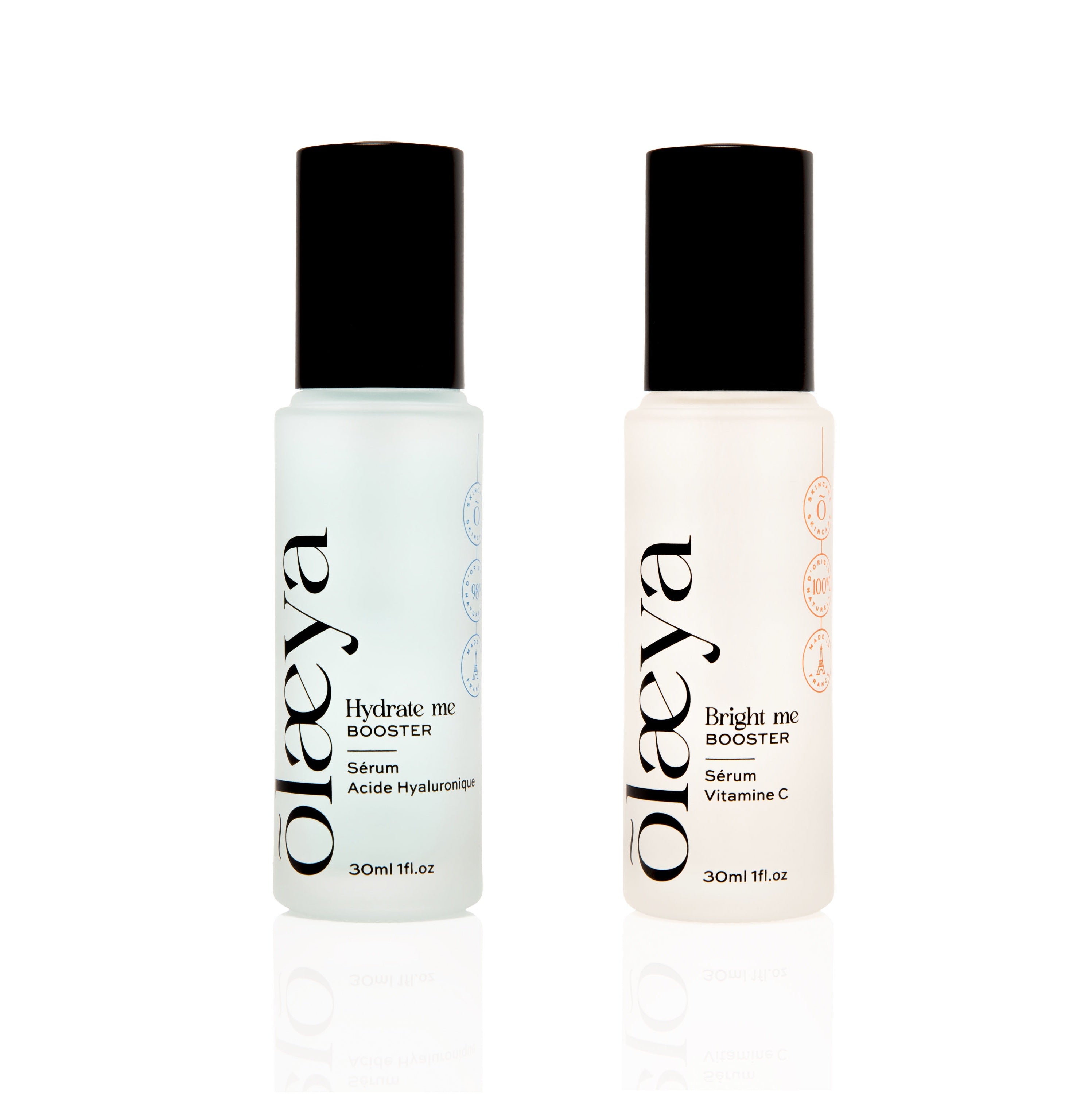 Mon Duo Éclat, sérum vitamine C Bright Me et sérum Hydrate Me Olaeya sur fond blanc