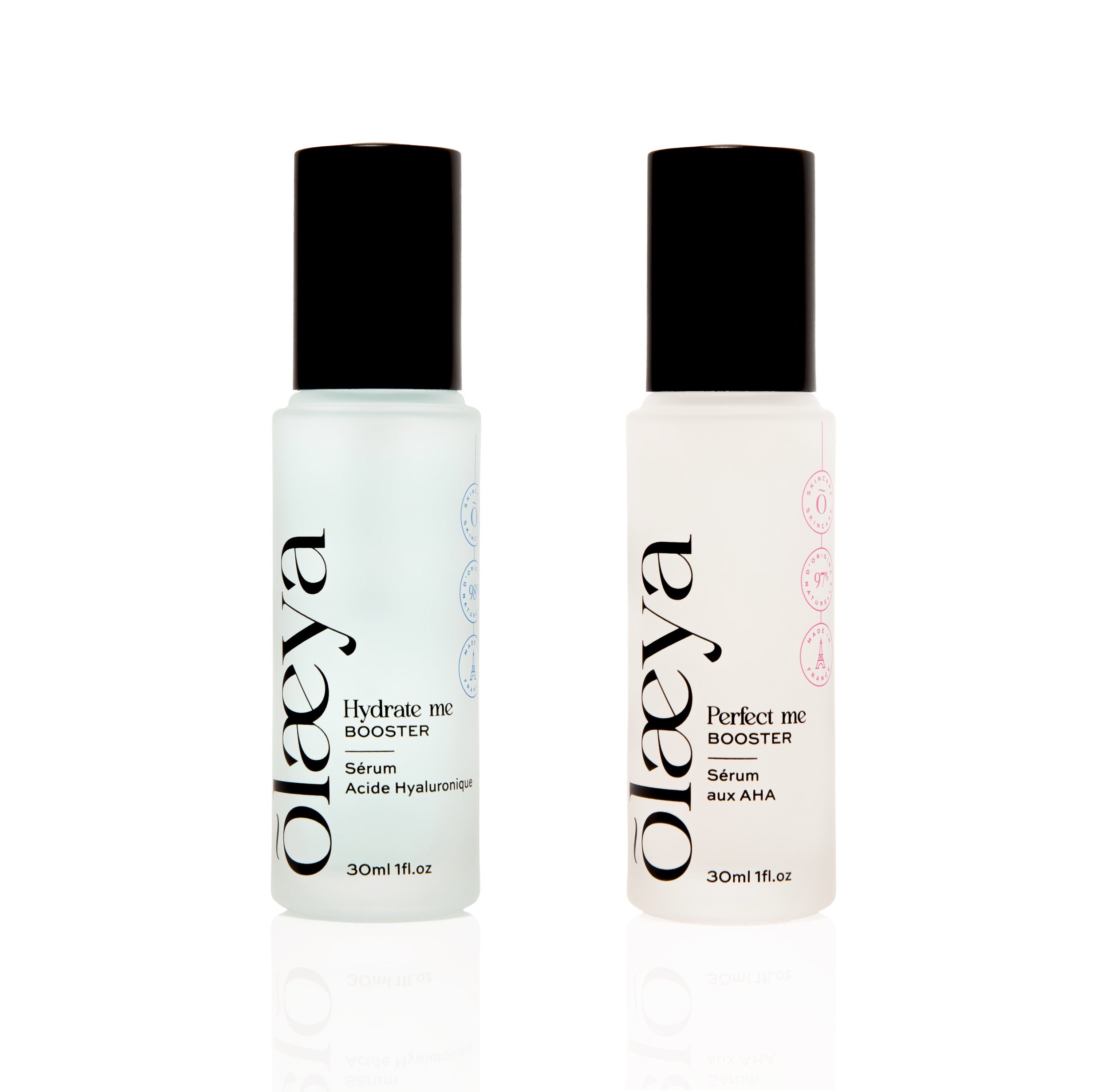 Mon Duo Peau Neuve, sérum AHA Perfect Me et sérum Hydrate Me Olaeya sur fond blanc